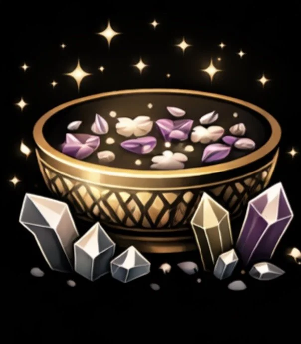 A glowing bowl filled with purple and pink crystals emits a magical aura, with additional crystals scattered around the base and sparkling stars in the background.