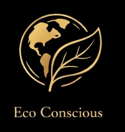 Gold outline of the Earth with a leaf in front, along with the words "Eco Conscious" underneath.