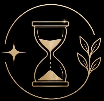 An icon of an hourglass with sand, a starburst, and a leaf design on a black background.