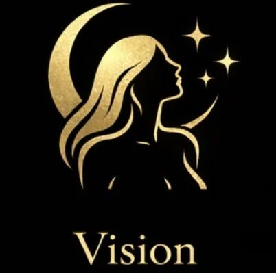 Gold silhouette of a woman with flowing hair, moon, and stars on a black background, with the word 'Vision' below.