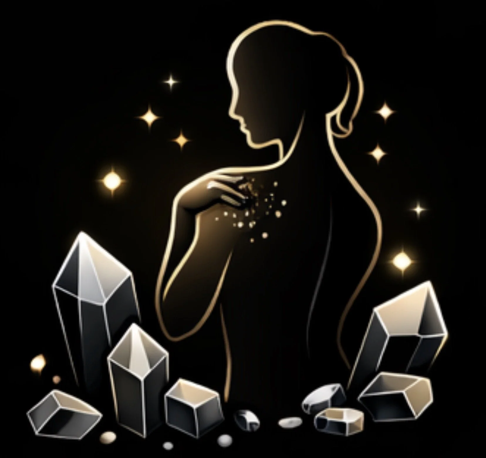 Outline drawing of a woman with a ponytail surrounded by glowing stars and geometric crystal shapes on a black background.