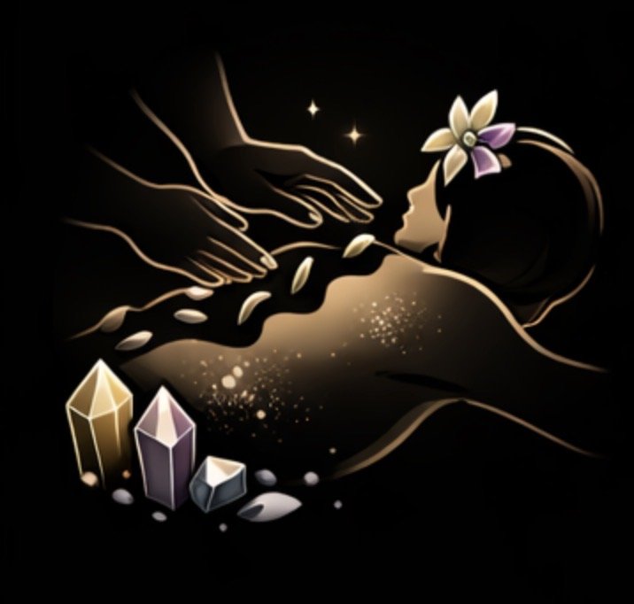 A digital art illustration featuring a sleeping girl with a flowers in her hair, surrounded by animated hands, shimmering stars, crystal-like stones, and sparkles on a black background.