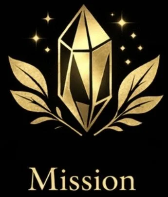 A gold crystal surrounded by leaves and sparkles with the word 'Mission' below.