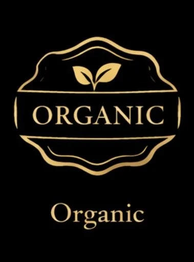Gold and black label with the word "ORGANIC" and a leaf icon above it.