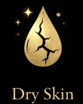 A gold tear-shaped droplet with a crack inside, set against a black background with small shining stars and planets; the text 'Dry Skin' below.