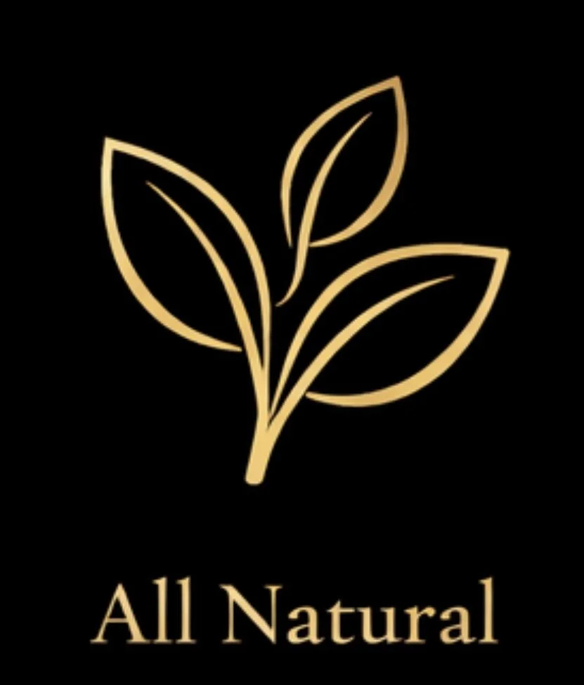 Gold outline of a leaf branch with the words "All Natural" underneath, on a black background.