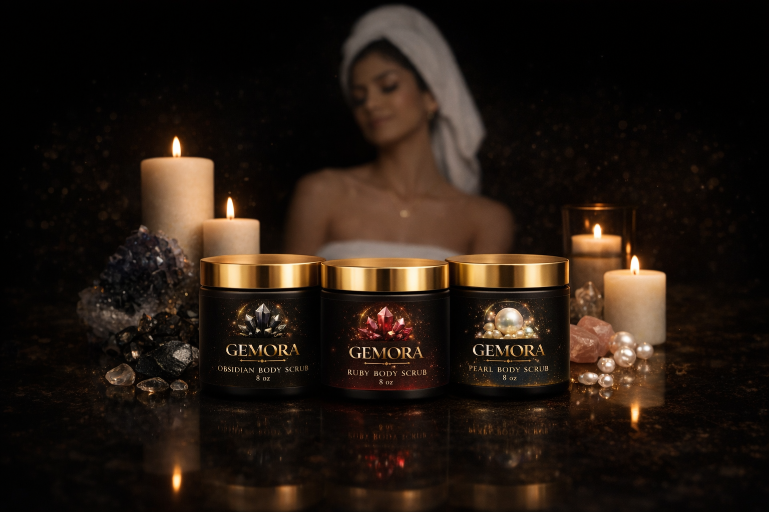 Gemora body scrub with gold lids, surrounded by candles, crystals, and pearls, in a dark, elegant setting.
Where self care meets energy.