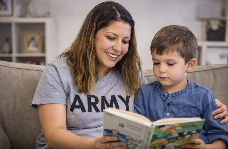 A woman and a young boy sitting on a beige couch, looking at a colorful children's book together. The woman is smiling, wearing a gray shirt with 'ARMY' written on it. The boy is wearing a blue shirt and appears focused on the book.