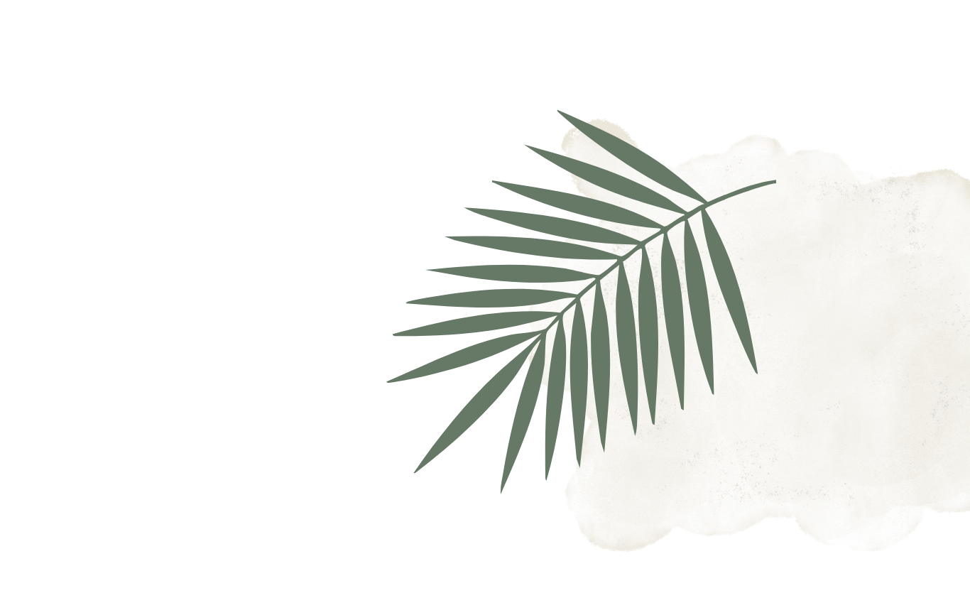 Green palm leaf over a light beige paint splash on a black background.