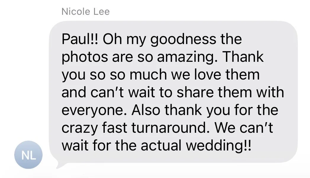 Text message from Nicole Lee praising Paul for amazing photos and quick turnaround, expressing excitement for the wedding.
