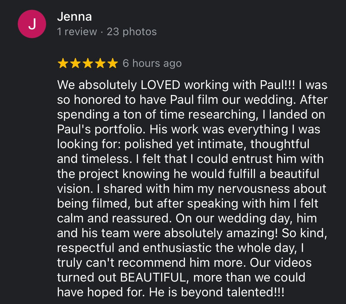 Screenshot of a review from Jenna, praising Paul for filming her wedding, highlighting his professionalism, talent, and the beautiful outcome of the wedding videos.
