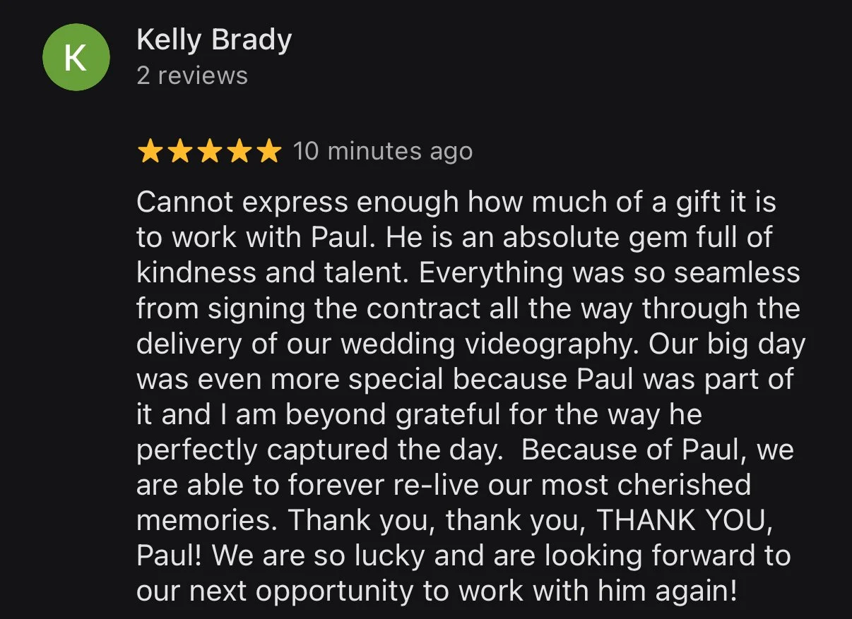 Screenshot of a 5-star review from Kelly Brady praising Paul for wedding videography services.