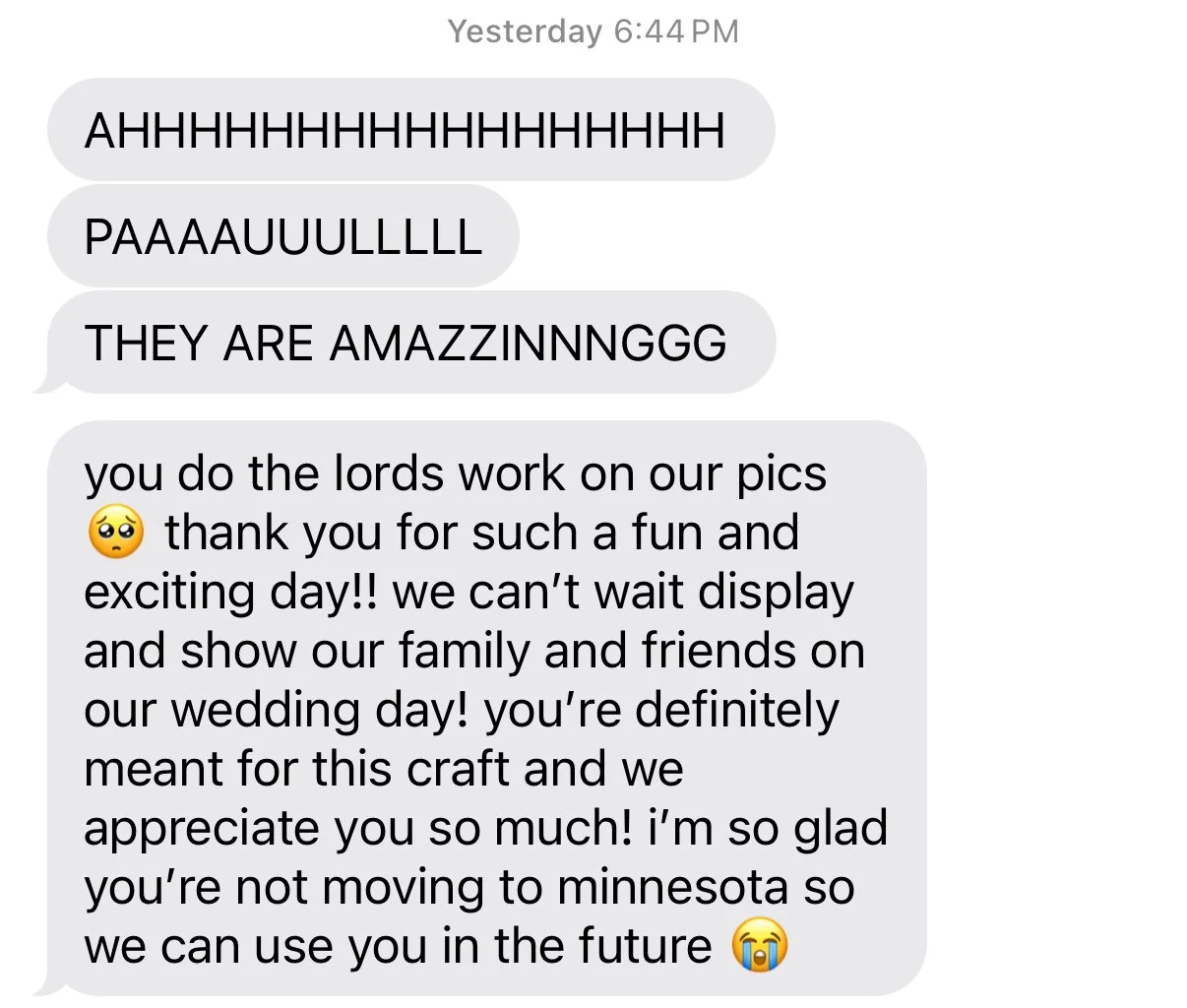 Screenshot of a text message conversation expressing excitement and gratitude for a wedding craft and photos, with emojis indicating happiness and tears.