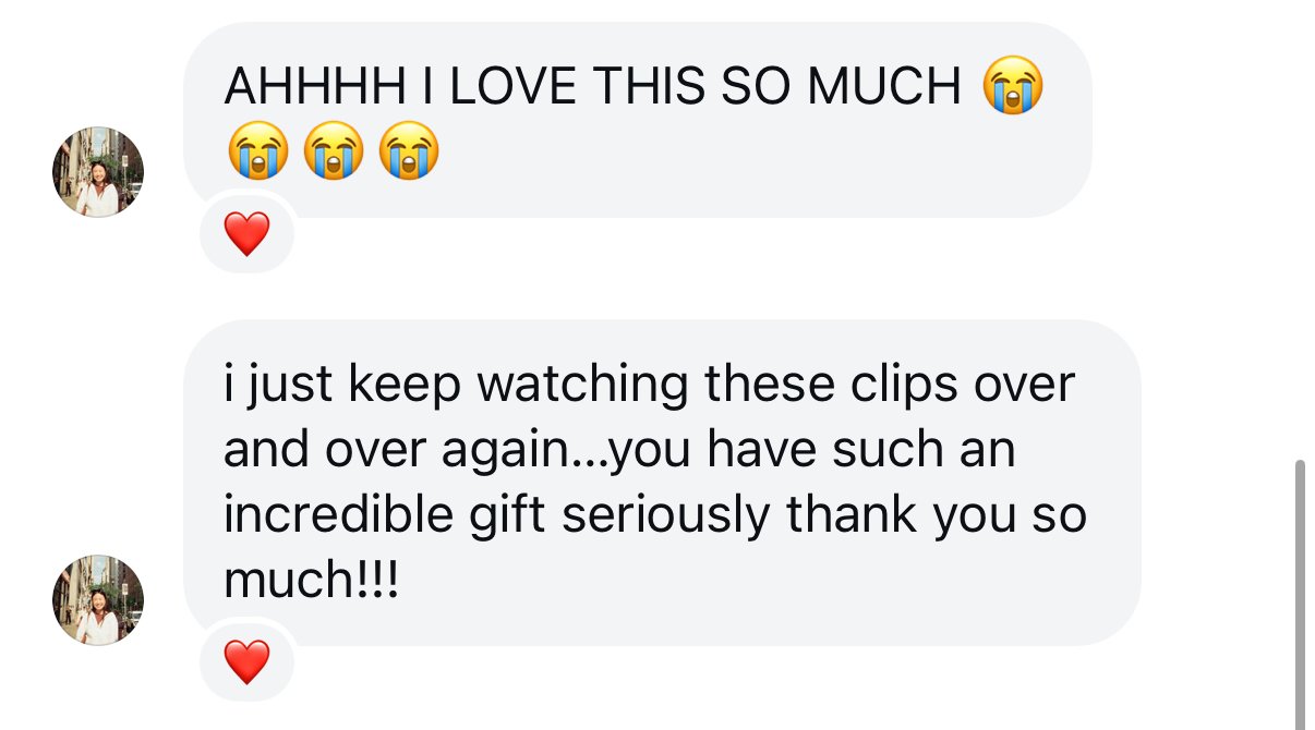 Text message conversation with emojis. The first message says 'AHHHH I LOVE THIS SO MUCH' with crying face emojis. The second message expresses appreciation for watching video clips repeatedly and thanks the recipient for an incredible gift, ending with heart emojis.