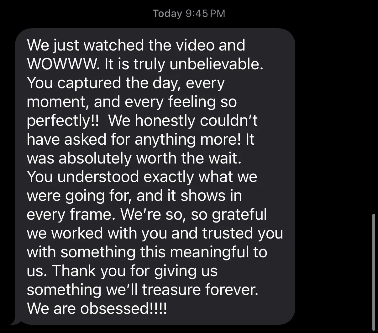 Screenshot of a text message praising a video, expressing gratitude and emotional reflection.