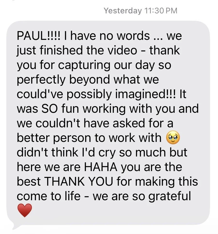 Screenshot of a gratitude message in a chat app, expressing thanks for capturing a memorable day on video with someone named Paul.