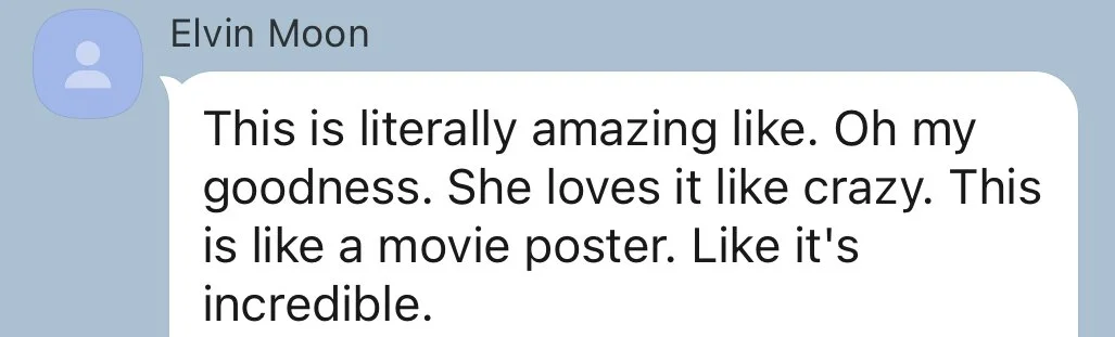Screenshot of a message from Elvin Moon expressing excitement about an impressive movie poster.