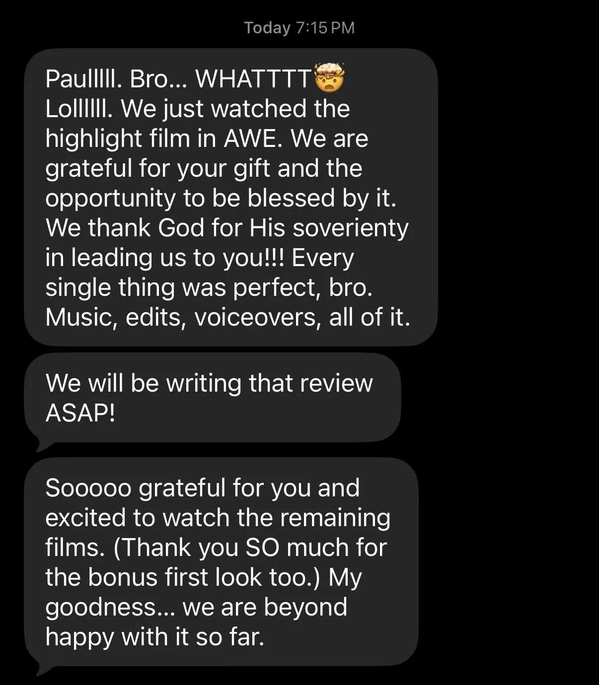 Screenshot of a text message conversation praising a film, discussing watching it in awe, thanking someone for their gift, and expressing excitement to watch remaining films.