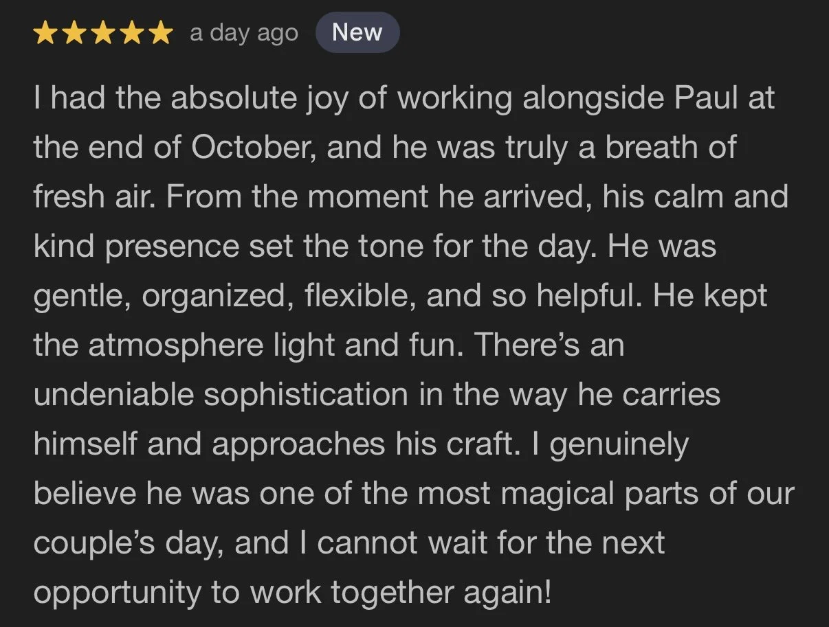 Screenshot of a five-star review praising working alongside someone named Paul at the end of October, describing his positive qualities and the joy of working with him.