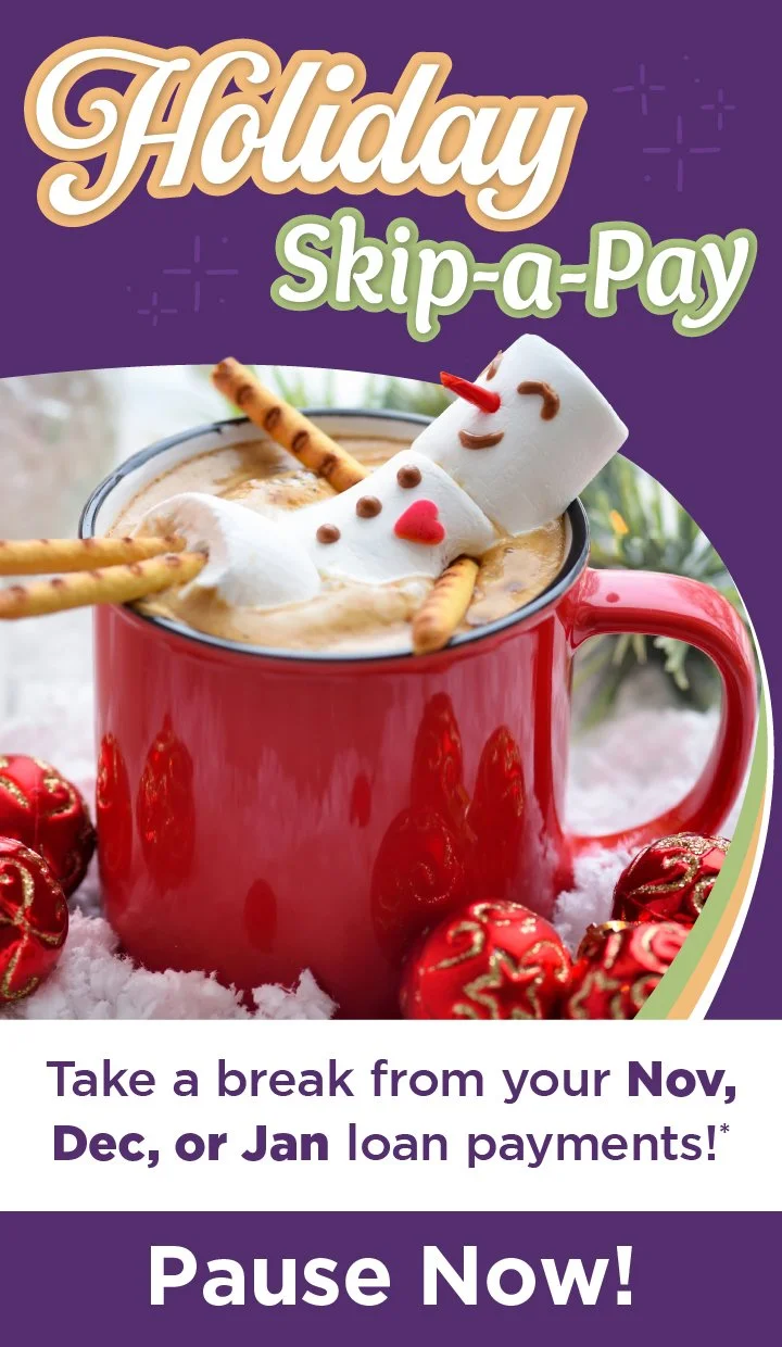 Holiday Skip-A-Pay graphic of marshmallow character relaxing inside a cup of hot chocolate.