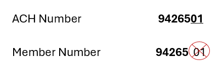 Side by side visual of the ACH Number and Member Number