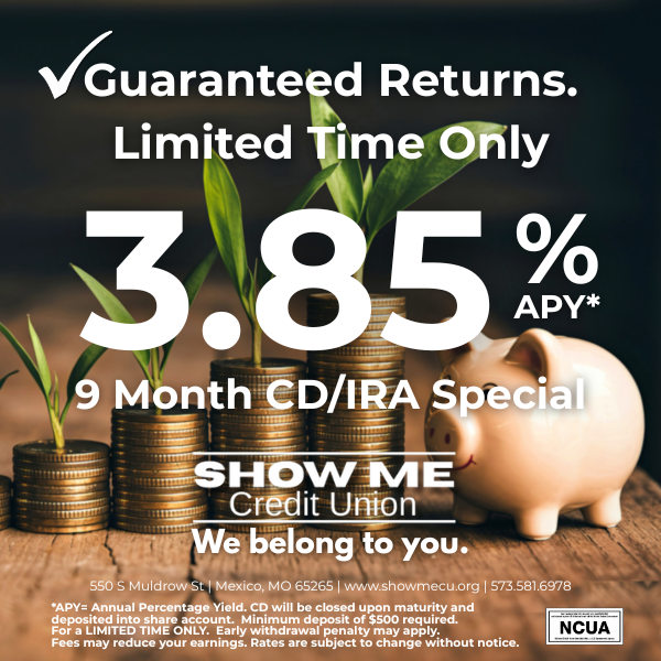 *3.85% APY 9 Month CD/IRA Special by Show Me Credit Union. Image features small plants growing out of stacks of coins next to a piggy bank. Minimum deposit $500.