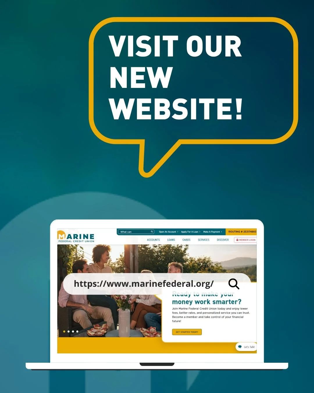 It's here! Our new website is officially live.

We've made it easier to find what you need, explore our services, and connect with us anytime, anywhere.

Take a look, update your bookmark and see what's new: https://www.marinefederal.org/homepage

#M