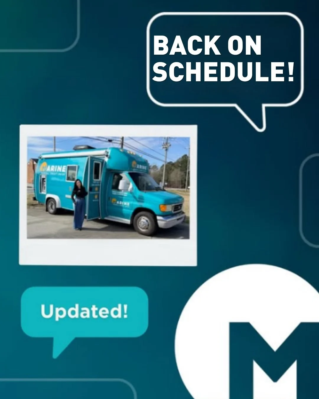 Mobile Branch Update Thank you for your patience and understanding while our Mobile Branch has been out for servicing. We're happy to share that our Mobile Branch is scheduled to return to its regular route beginning October 1. We appreciate your sup