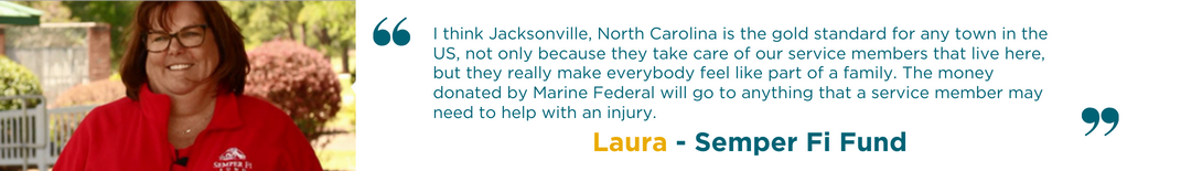Laura wearing a red Semper Fi Fund jacket beside her quote praising Jacksonville, NC for supporting service members and noting Marine Federal's donations help injured members.