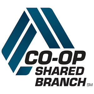 CO-OP Shared Branch logo featuring a stylized geometric icon of two intersecting teal blue interlocking bands. To the right, bold black text reads "CO-OP SHARED BRANCH SM" stacked in three lines