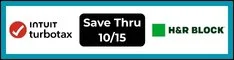 White banner with a blue border showing tax offers. Includes the Intuit TurboTax logo, a black rectangle reading "Save Thru 10/15", and the green H&R Block logo