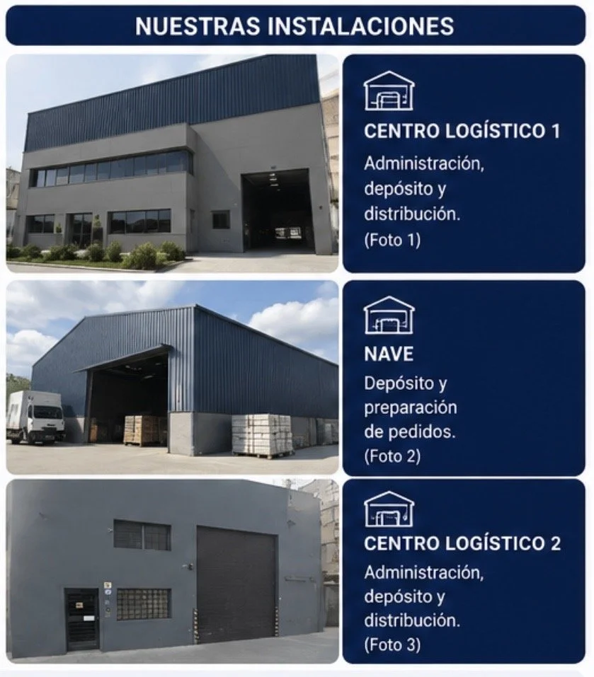 Cartel con fotos y descripciones de tres instalaciones logísticas. La primera es un centro de administración, depósito y distribución, la segunda es un almacén para depósito y preparación de pedidos, y la tercera es otro centro de administración, depósito y distribución.