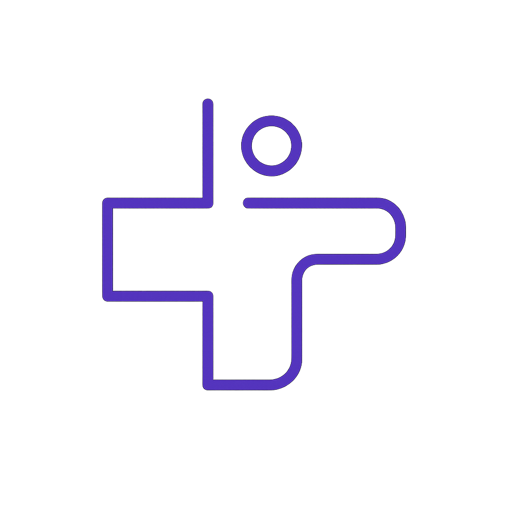 Icono 3D de una cruz con una aguja o herramienta en forma de círculo en la parte superior, color morado y rojo y fondo negro.