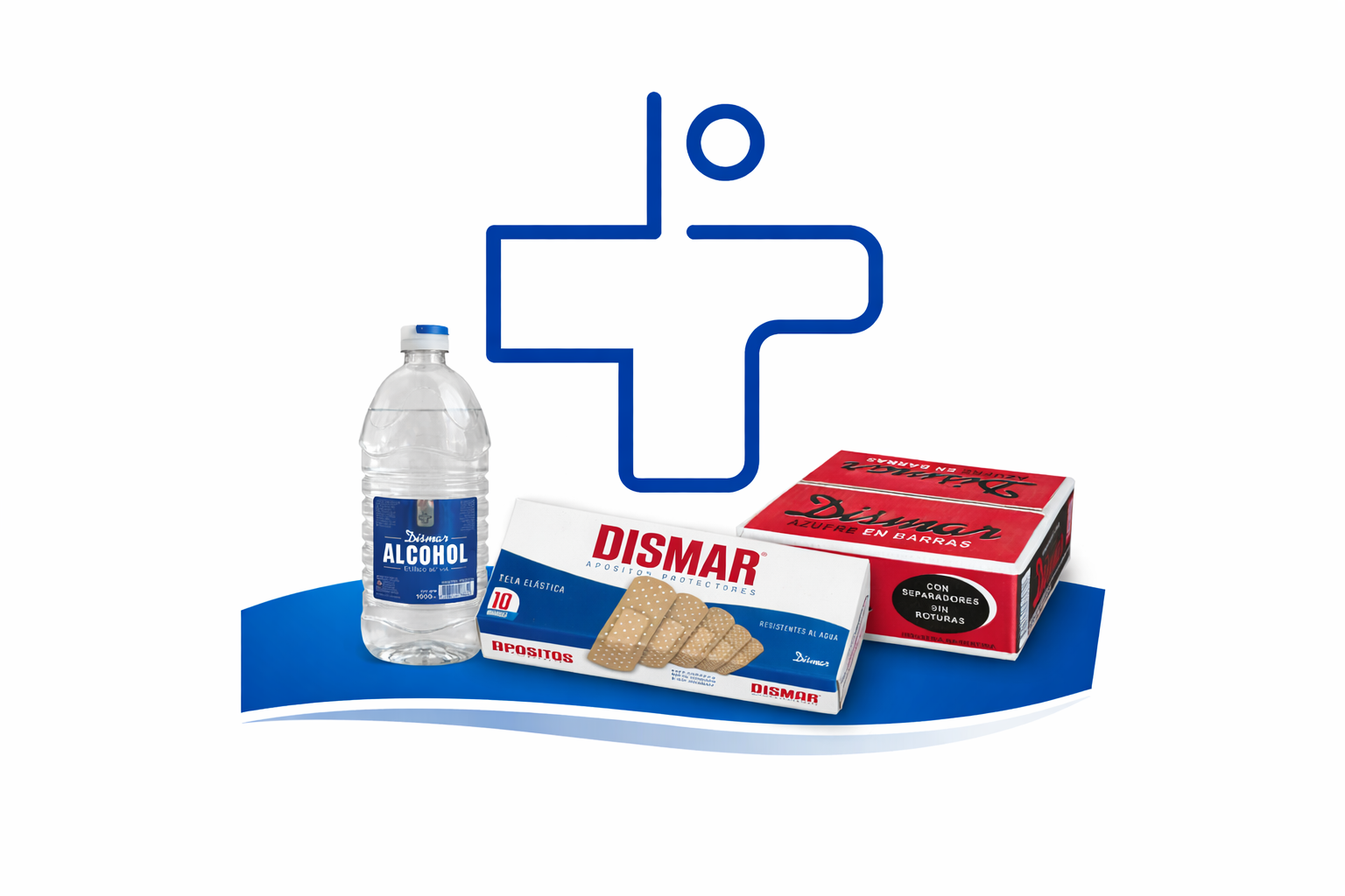Botellas de alcohol, vendas adhesivas y paquetes de productos de protección para heridas sobre fondo blanco con símbolo de cruz azul.