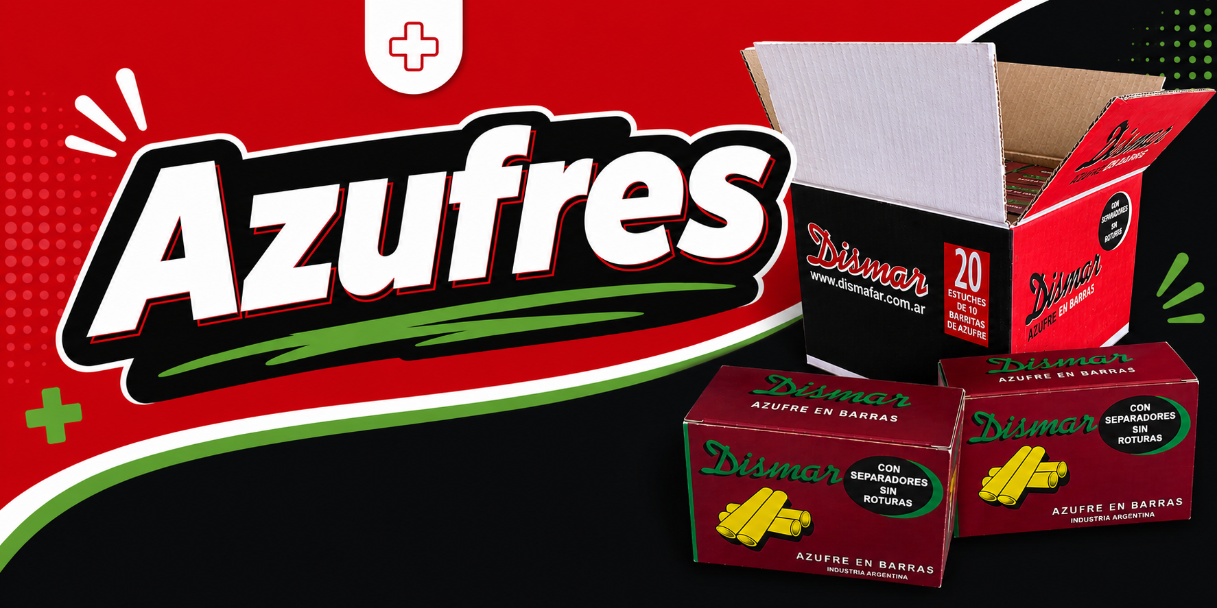 Cajas de azufre en barras de la marca Dismar, con descripción de 20 estuches en barras de azufre sin roturas, industria argentina.