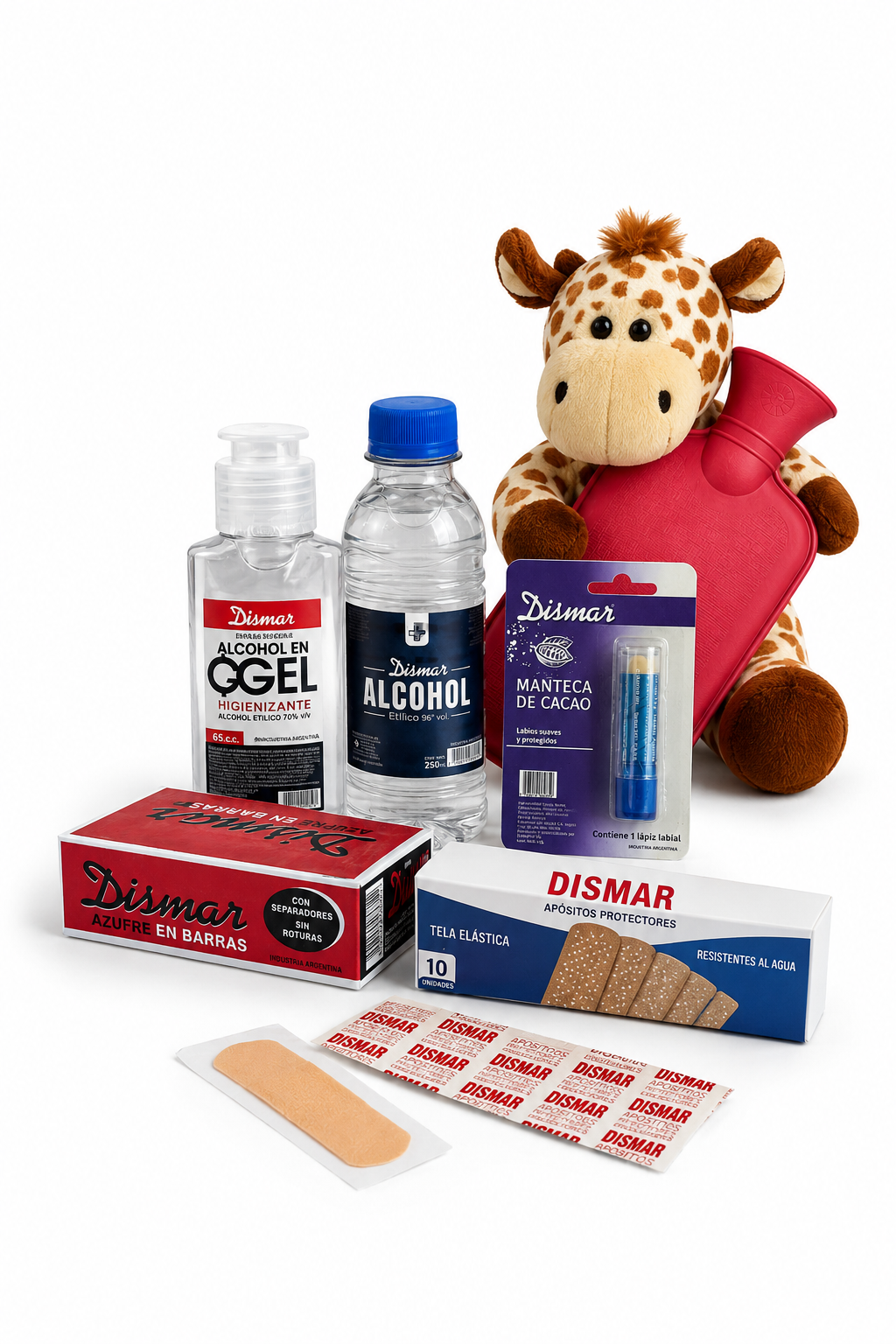 Jabón, alcohol en gel, alcohol líquido, manta de cacao, apósitos y un peluche de jirafa con una botella de agua caliente.