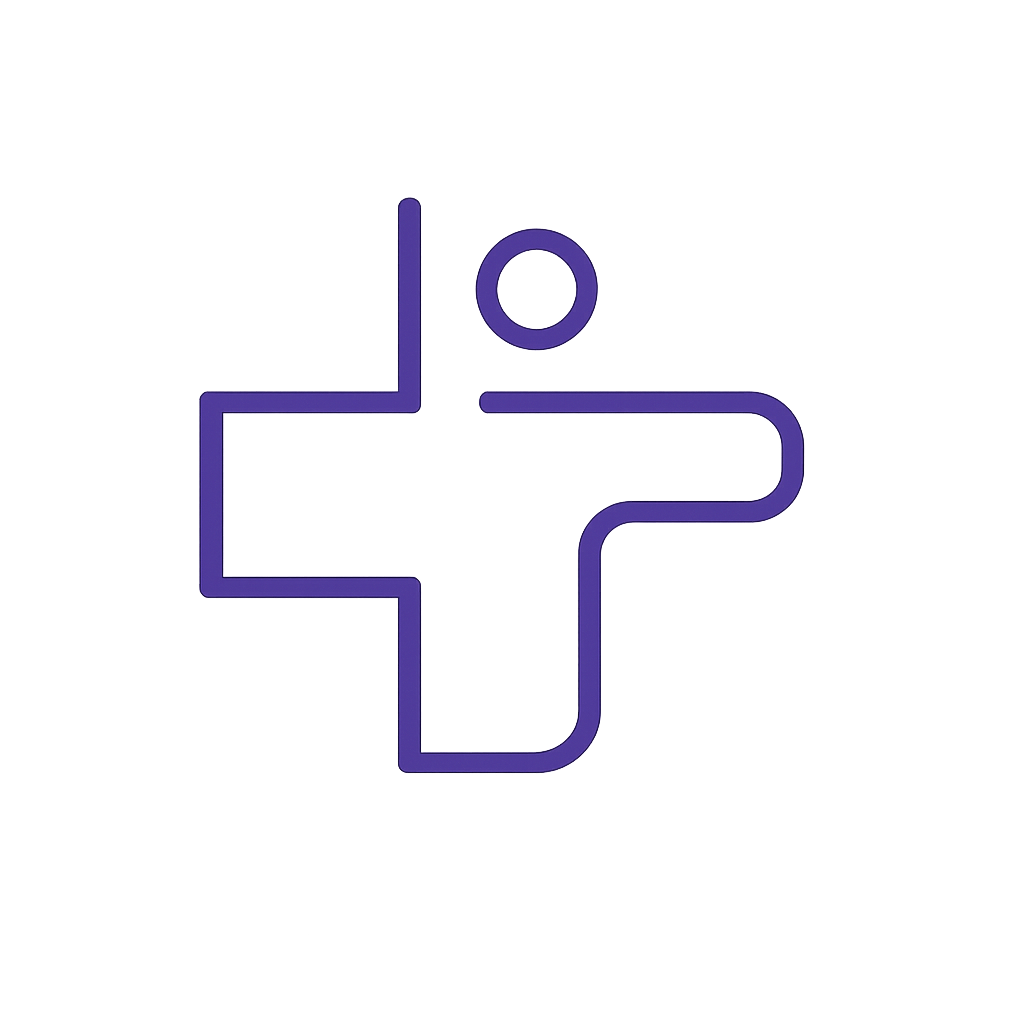 Icono estilizado de una cruz farmacéutica con un símbolo de una persona en el centro, en colores morados sobre fondo negro.