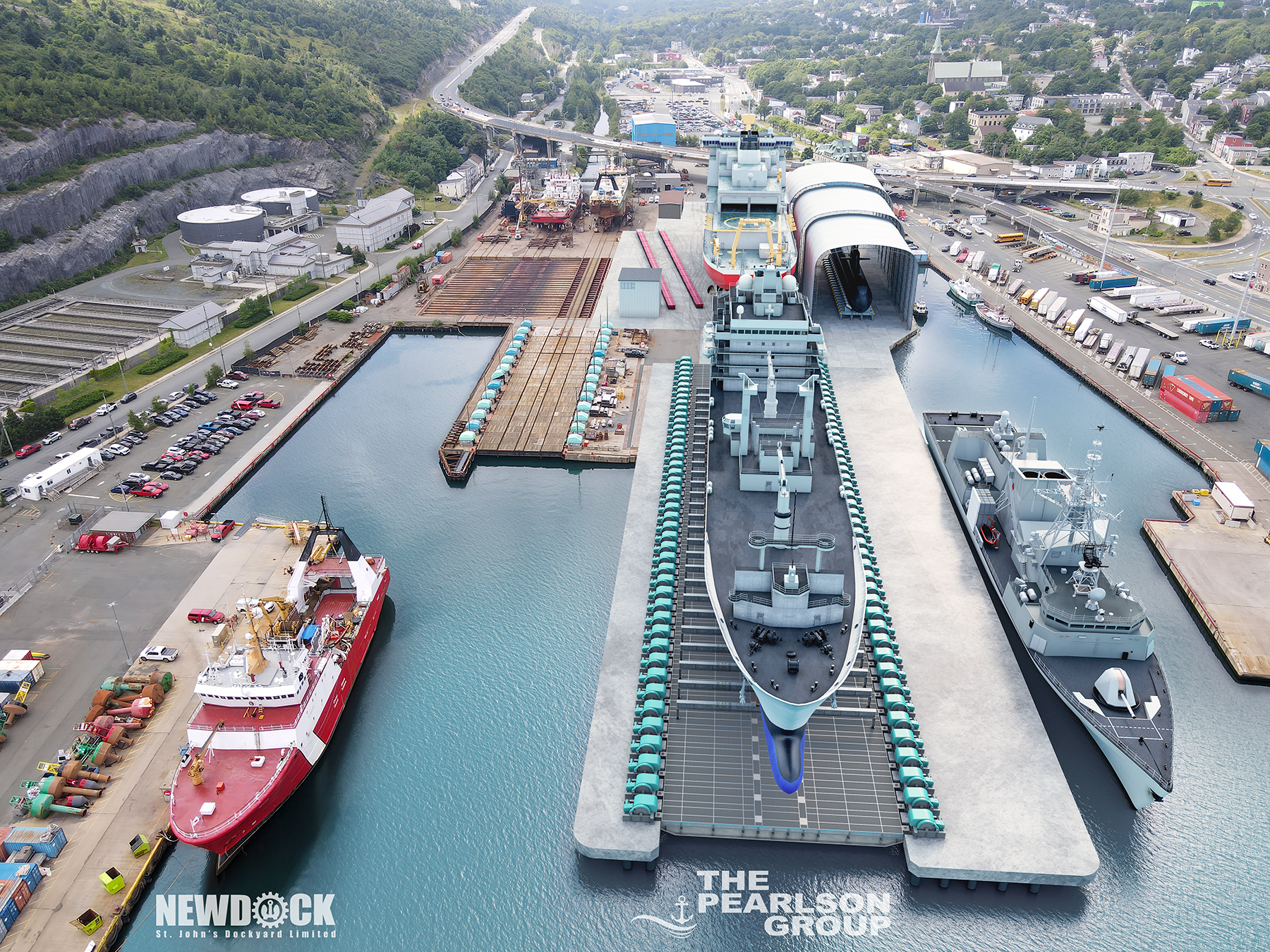 A large ship docked at a port with ships and boats nearby, an industrial area with vehicles, and a city with green trees in the background.