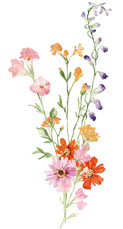 Arrangement of colorful flowers including pink, orange, and purple blooms with green stems and leaves.
