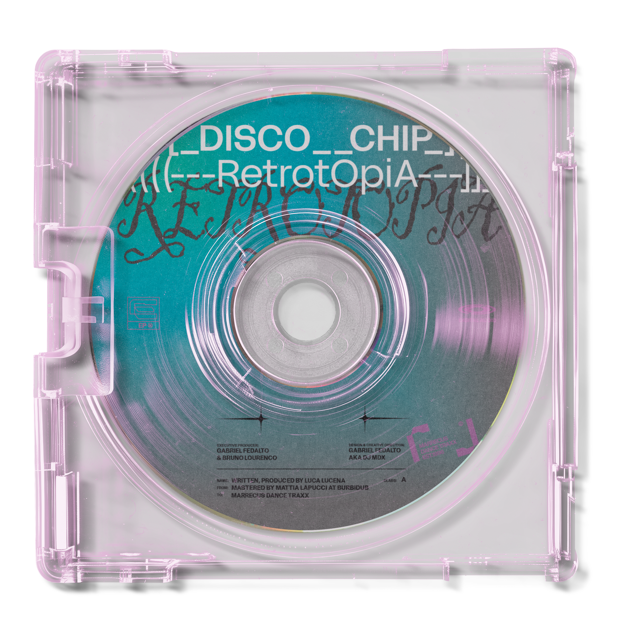 A compact disc inside a transparent pink jewel case with a psychedelic design, labeled 'Disco Chip RetroTopia' and featuring the name 'Gabriel Fedalto'.