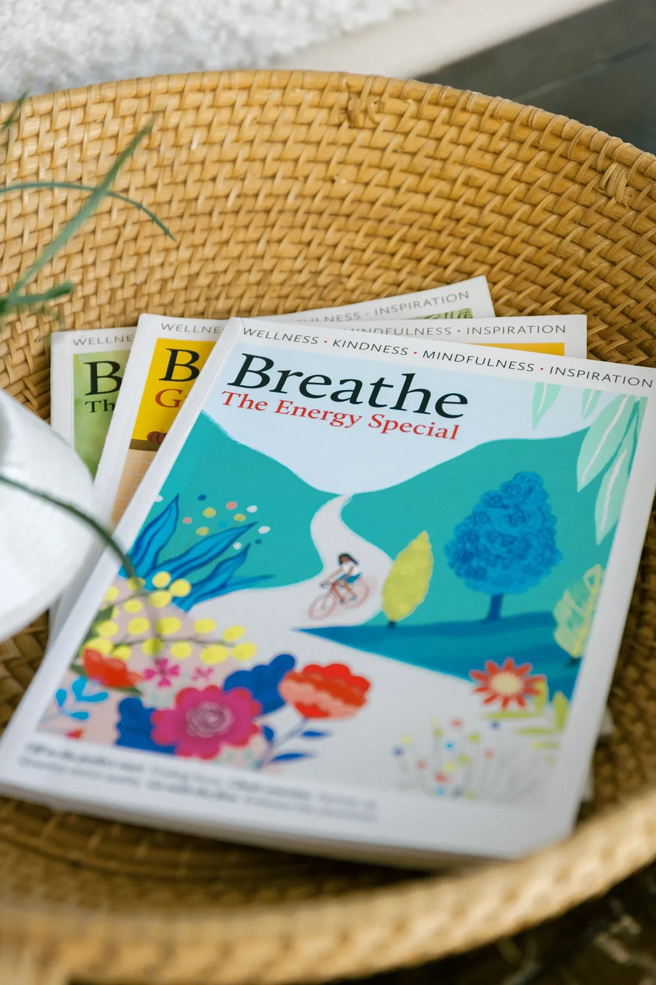 Issues of "Breathe" magazine in a wicker basket in teen therapist Jennifer Warpool's office