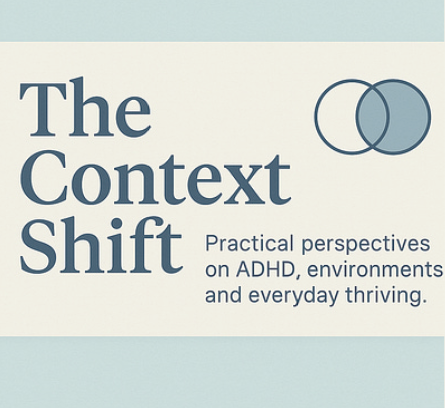 Book cover titled 'The Context Shift' with subtitle 'Practical perspectives on ADHD, environments and everyday thriving' and a design of overlapping circles.