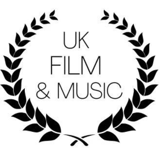 Logo with black laurel wreath surrounding the text 'UK FILM & MUSIC'