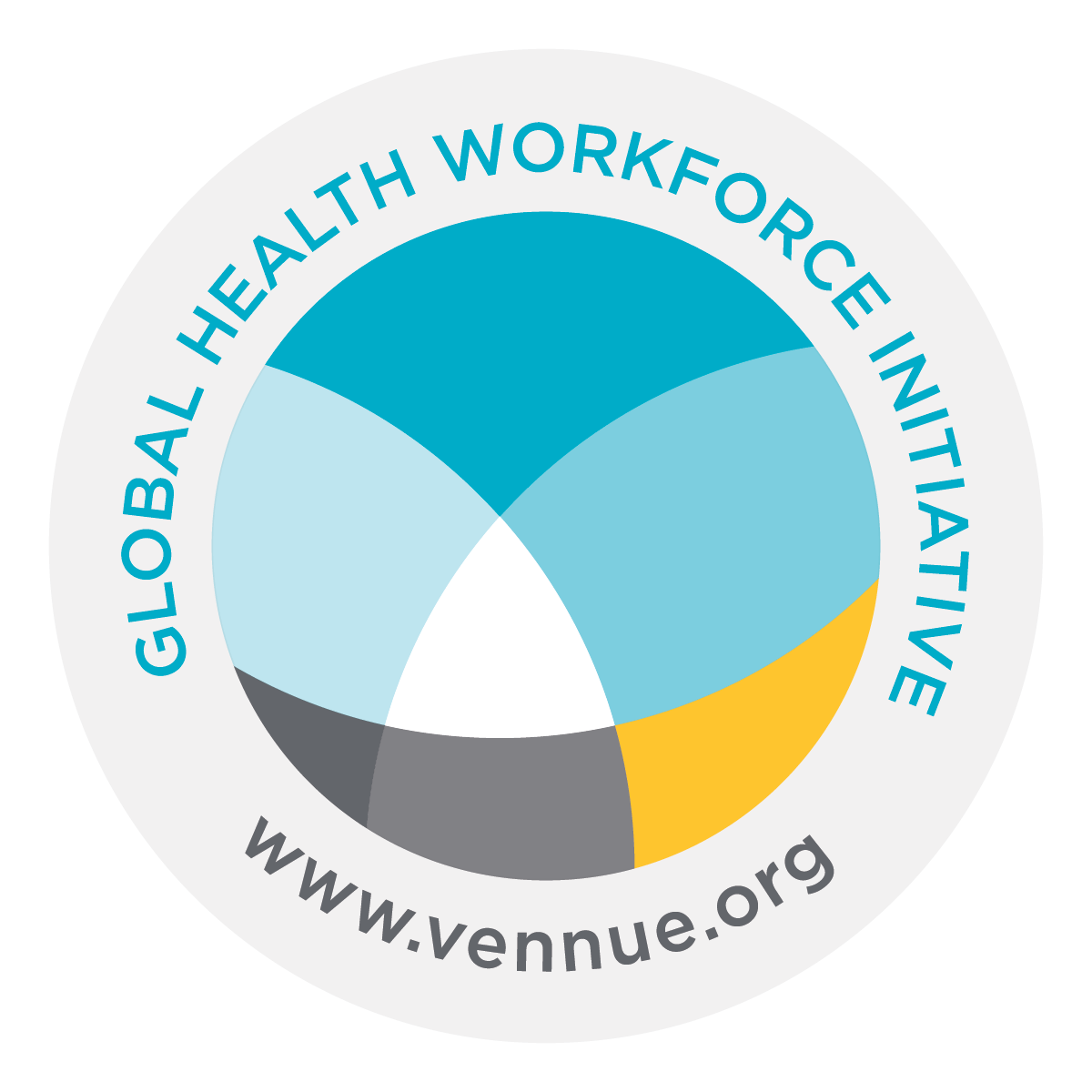 Circular logo for Global Health Workforce Initiative with multicolored segments, text around the circle stating 'Global Health Workforce Initiative' and 'www.vennue.org' at the bottom.