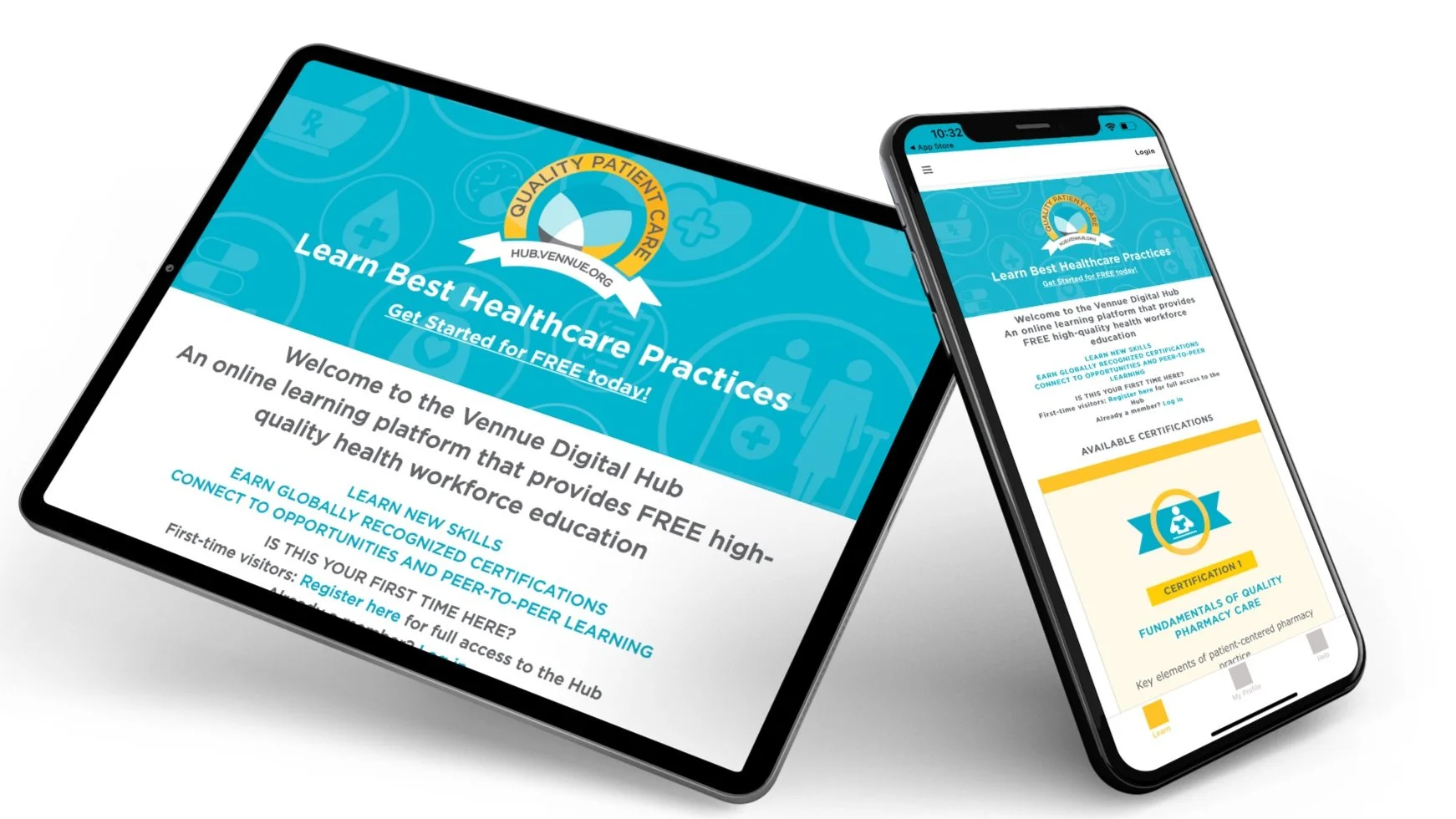 Tablet and smartphone displaying the Vennue Digital Hub for free healthcare practices training, with blue-themed user interfaces and certification details