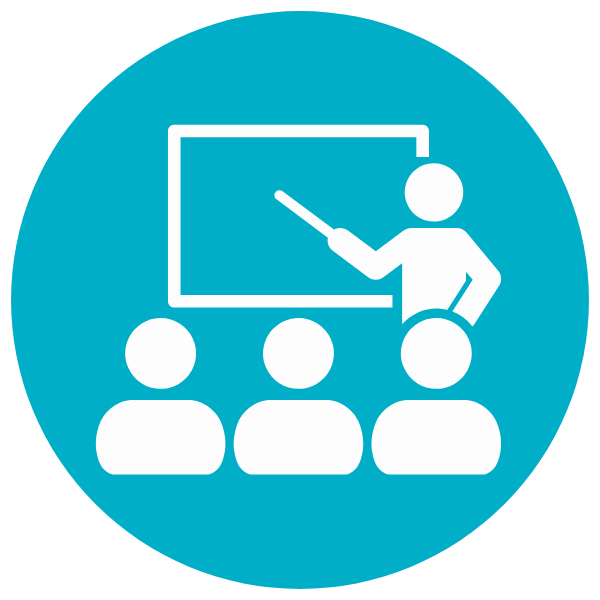 Icon of a person standing and pointing at a blackboard with three seated people watching.