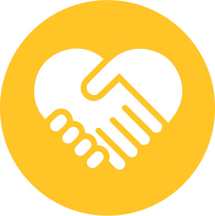 Icon of two hands shaking inside a heart, on a yellow circular background.