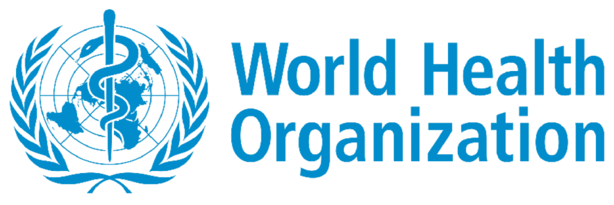 World Health Organization logo featuring a blue caduceus symbol with a globe surrounded by a wreath of olive branches.