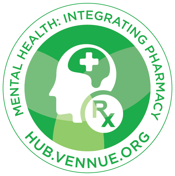A circular logo with shades of green, featuring a human head outline with a medical cross inside the brain and a Rx symbol below. The outer ring contains the text 'Mental Health: Integrating Pharmacy,' and the website 'hub.vennue.org' at the bottom.