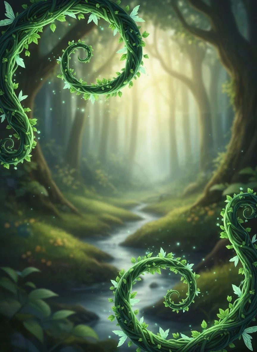 A magical, lush forest scene with large, twisting vines decorated with bright green leaves in the foreground. Sunlight filters through the dense trees and illuminates a gentle stream flowing through moss-covered rocks, creating a peaceful, enchanting atmosphere.